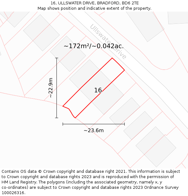 16, ULLSWATER DRIVE, BRADFORD, BD6 2TE: Plot and title map