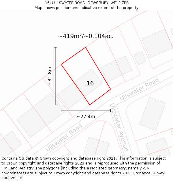 16, ULLSWATER ROAD, DEWSBURY, WF12 7PR: Plot and title map