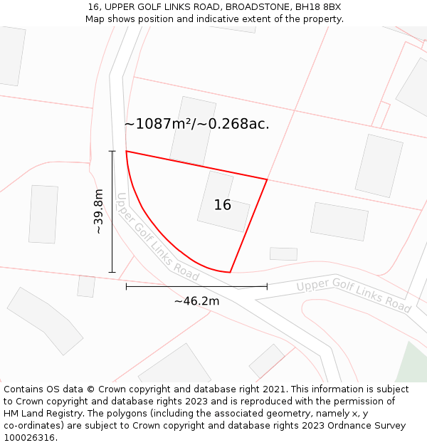 16, UPPER GOLF LINKS ROAD, BROADSTONE, BH18 8BX: Plot and title map