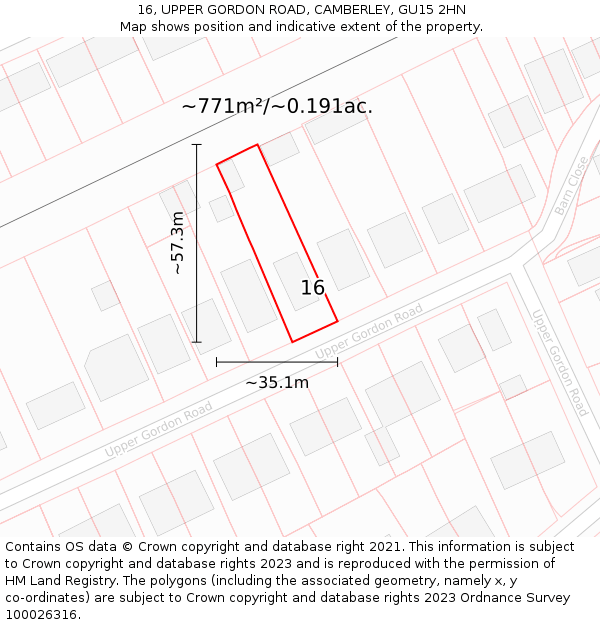 16, UPPER GORDON ROAD, CAMBERLEY, GU15 2HN: Plot and title map