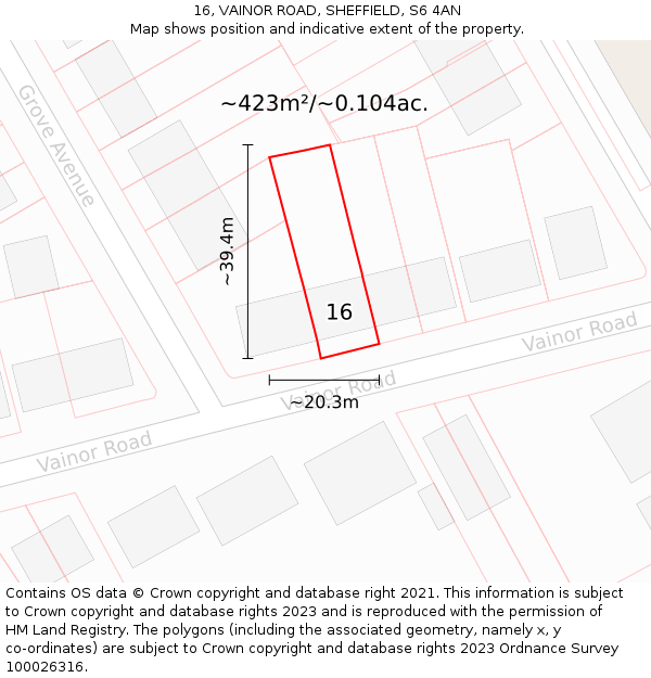 16, VAINOR ROAD, SHEFFIELD, S6 4AN: Plot and title map
