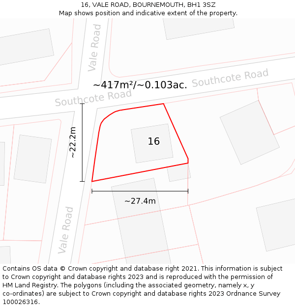 16, VALE ROAD, BOURNEMOUTH, BH1 3SZ: Plot and title map