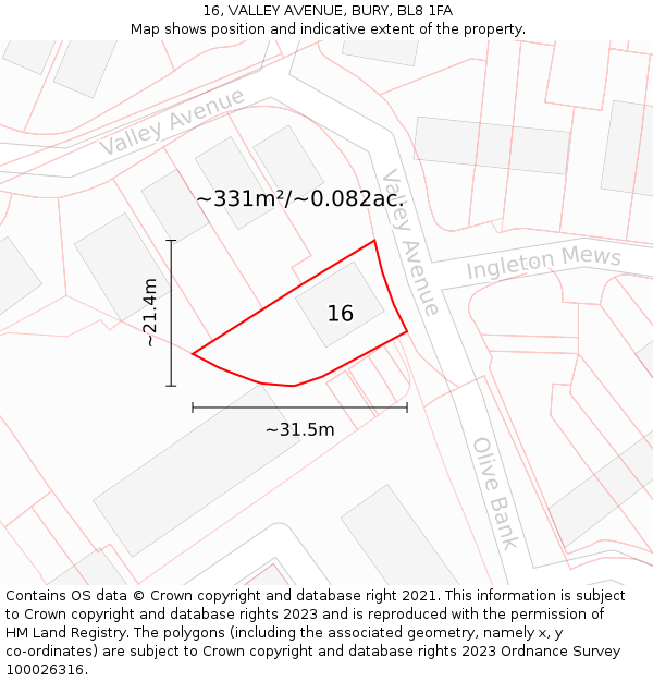 16, VALLEY AVENUE, BURY, BL8 1FA: Plot and title map