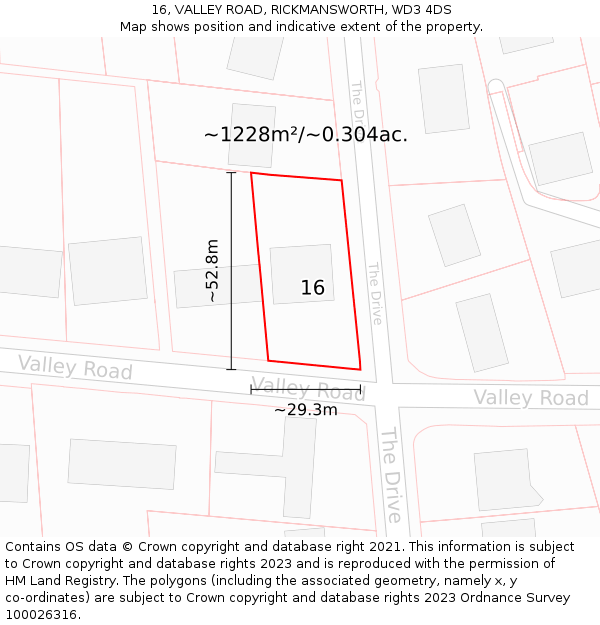 16, VALLEY ROAD, RICKMANSWORTH, WD3 4DS: Plot and title map