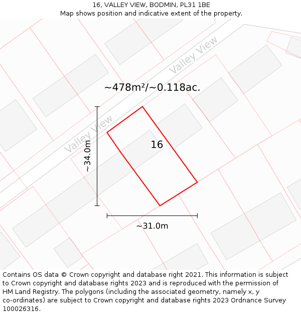 16, VALLEY VIEW, BODMIN, PL31 1BE: Plot and title map