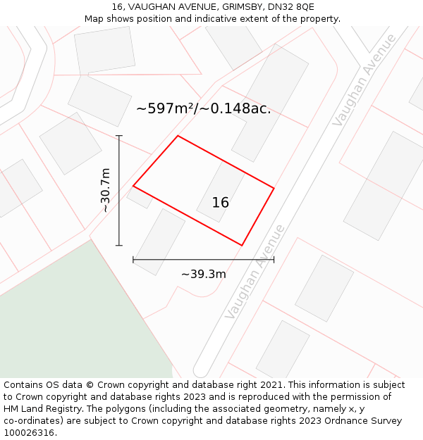 16, VAUGHAN AVENUE, GRIMSBY, DN32 8QE: Plot and title map