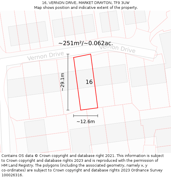 16, VERNON DRIVE, MARKET DRAYTON, TF9 3UW: Plot and title map
