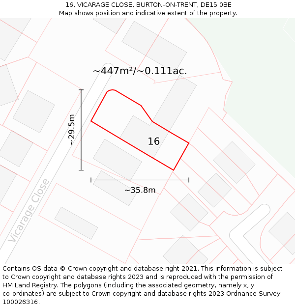 16, VICARAGE CLOSE, BURTON-ON-TRENT, DE15 0BE: Plot and title map