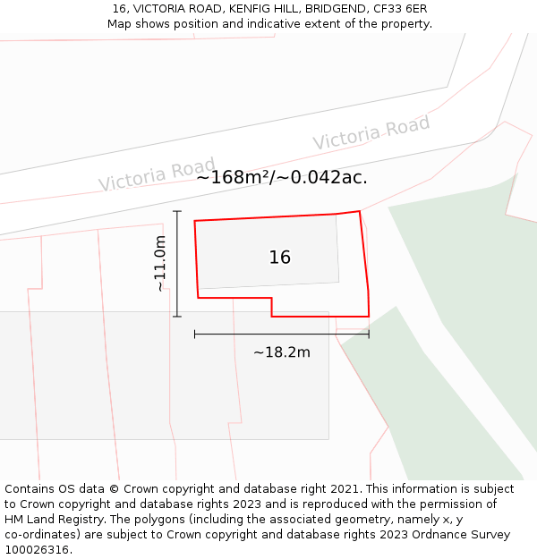 16, VICTORIA ROAD, KENFIG HILL, BRIDGEND, CF33 6ER: Plot and title map