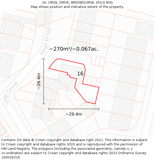 16, VIRGIL DRIVE, BROXBOURNE, EN10 6NS: Plot and title map