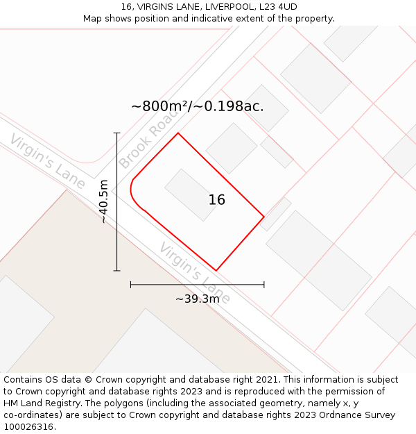 16, VIRGINS LANE, LIVERPOOL, L23 4UD: Plot and title map