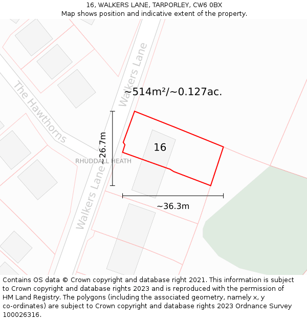 16, WALKERS LANE, TARPORLEY, CW6 0BX: Plot and title map