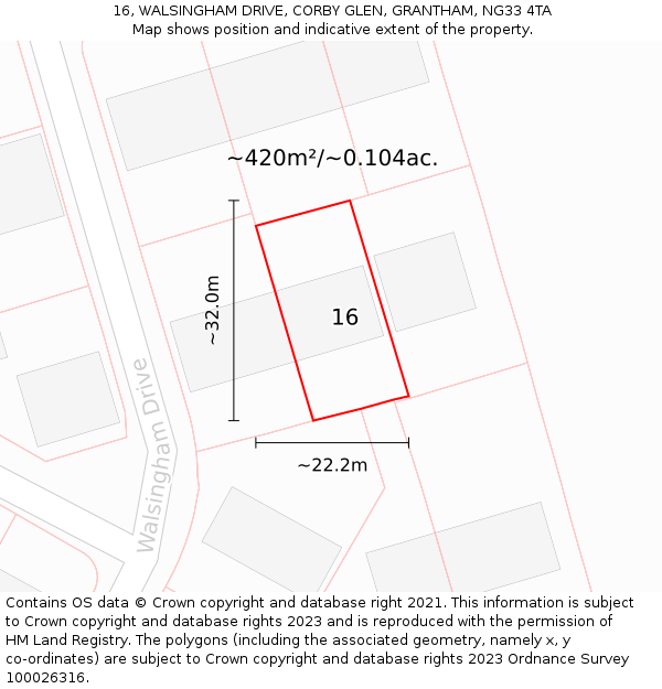 16, WALSINGHAM DRIVE, CORBY GLEN, GRANTHAM, NG33 4TA: Plot and title map