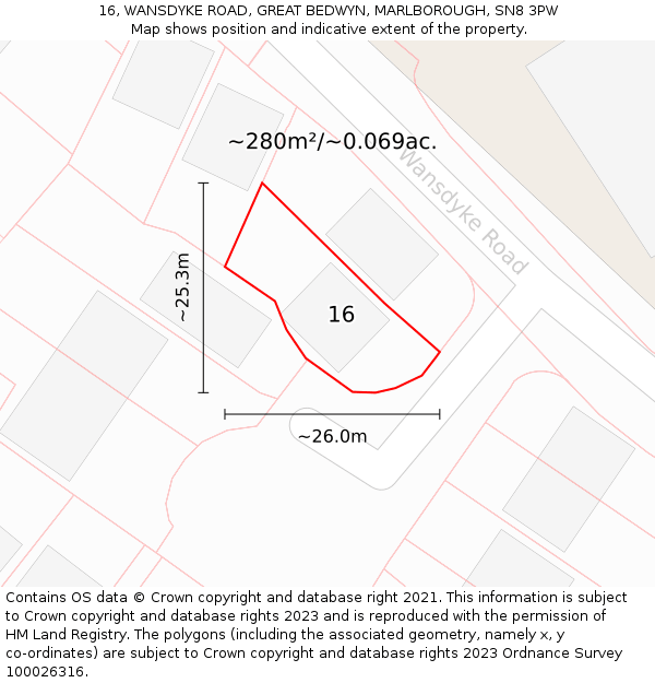 16, WANSDYKE ROAD, GREAT BEDWYN, MARLBOROUGH, SN8 3PW: Plot and title map