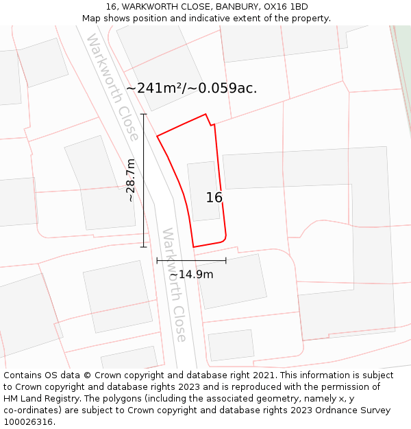16, WARKWORTH CLOSE, BANBURY, OX16 1BD: Plot and title map