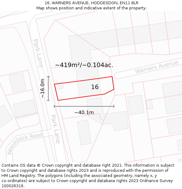 16, WARNERS AVENUE, HODDESDON, EN11 8LR: Plot and title map