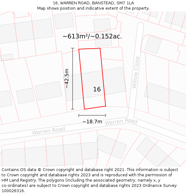 16, WARREN ROAD, BANSTEAD, SM7 1LA: Plot and title map