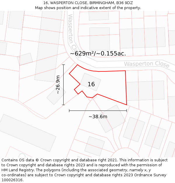 16, WASPERTON CLOSE, BIRMINGHAM, B36 9DZ: Plot and title map