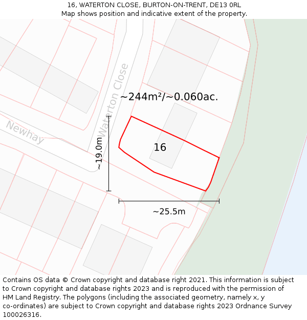 16, WATERTON CLOSE, BURTON-ON-TRENT, DE13 0RL: Plot and title map