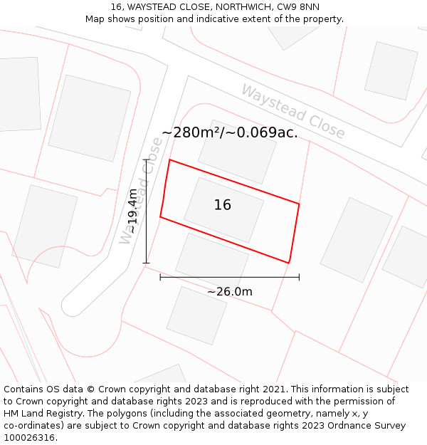 16, WAYSTEAD CLOSE, NORTHWICH, CW9 8NN: Plot and title map