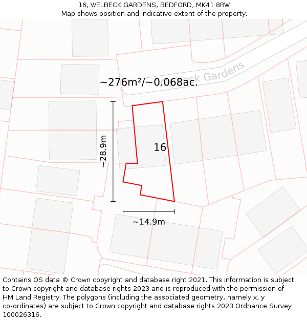 16, WELBECK GARDENS, BEDFORD, MK41 8RW: Plot and title map