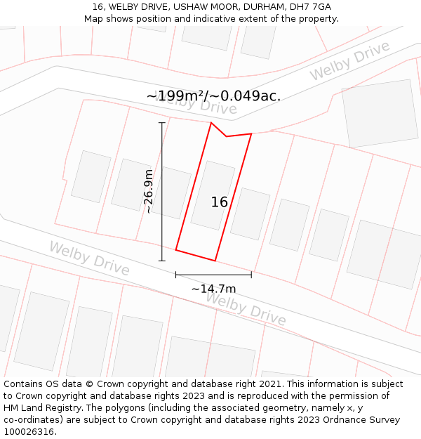 16, WELBY DRIVE, USHAW MOOR, DURHAM, DH7 7GA: Plot and title map