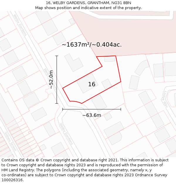 16, WELBY GARDENS, GRANTHAM, NG31 8BN: Plot and title map