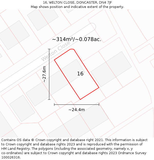 16, WELTON CLOSE, DONCASTER, DN4 7JF: Plot and title map