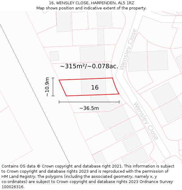 16, WENSLEY CLOSE, HARPENDEN, AL5 1RZ: Plot and title map