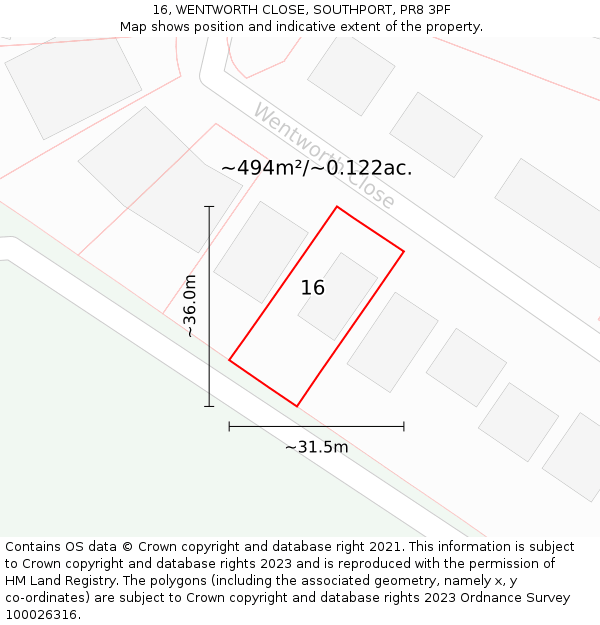 16, WENTWORTH CLOSE, SOUTHPORT, PR8 3PF: Plot and title map