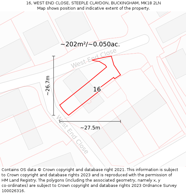 16, WEST END CLOSE, STEEPLE CLAYDON, BUCKINGHAM, MK18 2LN: Plot and title map