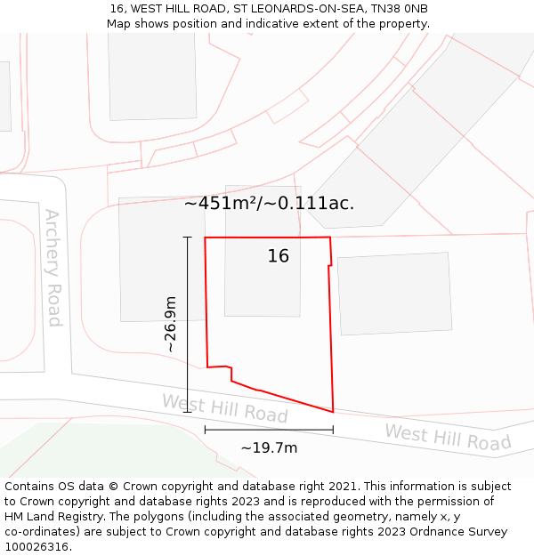 16, WEST HILL ROAD, ST LEONARDS-ON-SEA, TN38 0NB: Plot and title map