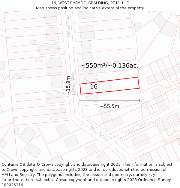 16, WEST PARADE, SPALDING, PE11 1HD: Plot and title map