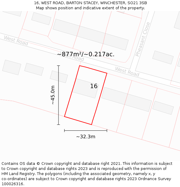 16, WEST ROAD, BARTON STACEY, WINCHESTER, SO21 3SB: Plot and title map