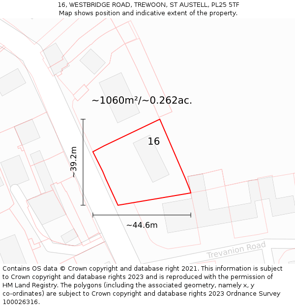 16, WESTBRIDGE ROAD, TREWOON, ST AUSTELL, PL25 5TF: Plot and title map