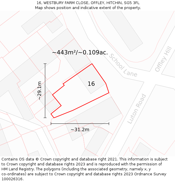 16, WESTBURY FARM CLOSE, OFFLEY, HITCHIN, SG5 3FL: Plot and title map