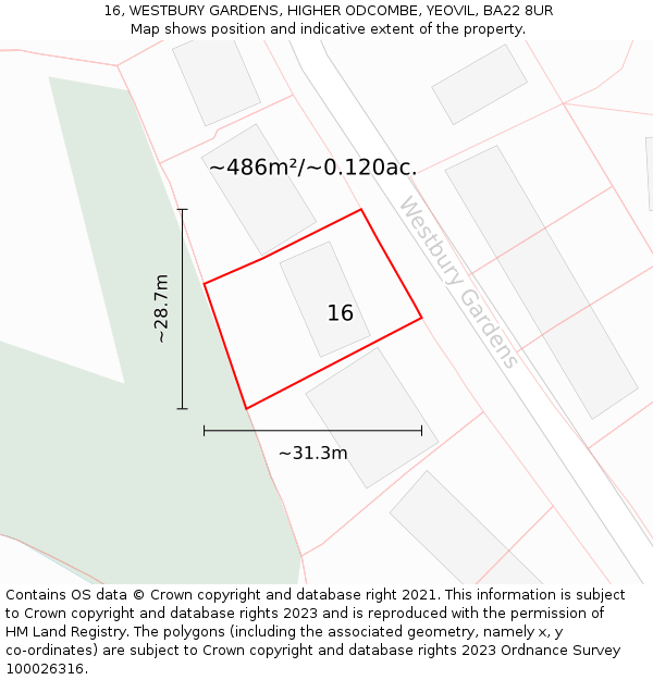 16, WESTBURY GARDENS, HIGHER ODCOMBE, YEOVIL, BA22 8UR: Plot and title map