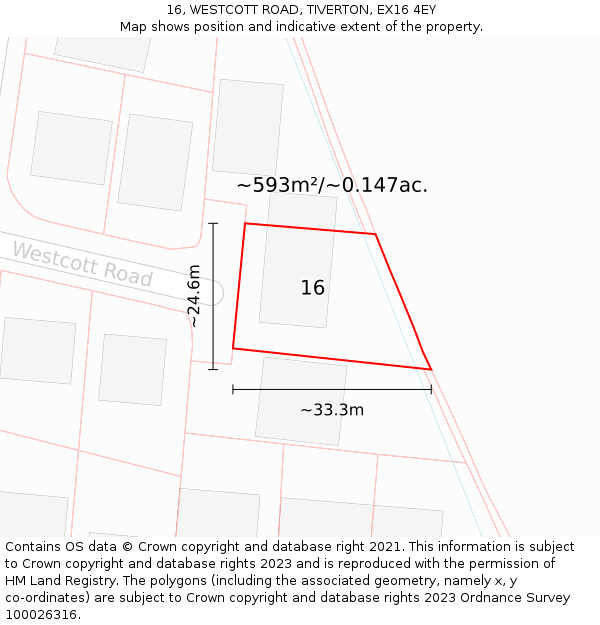 16, WESTCOTT ROAD, TIVERTON, EX16 4EY: Plot and title map