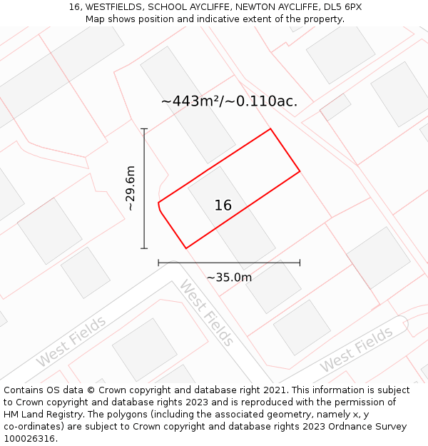 16, WESTFIELDS, SCHOOL AYCLIFFE, NEWTON AYCLIFFE, DL5 6PX: Plot and title map