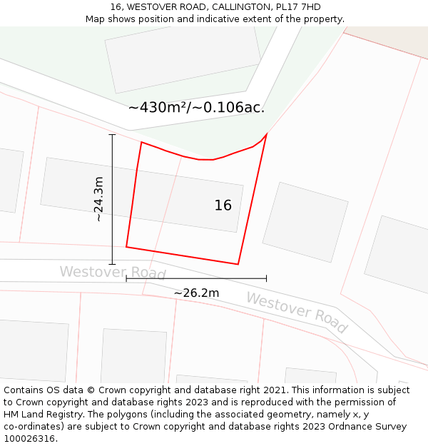 16, WESTOVER ROAD, CALLINGTON, PL17 7HD: Plot and title map