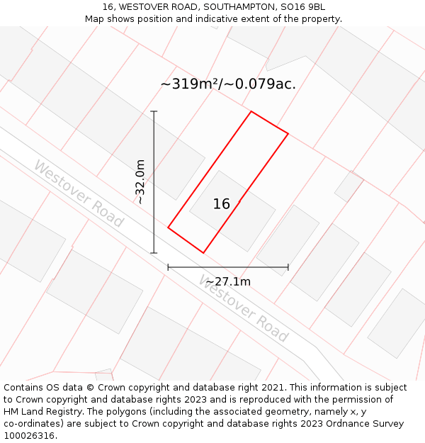 16, WESTOVER ROAD, SOUTHAMPTON, SO16 9BL: Plot and title map