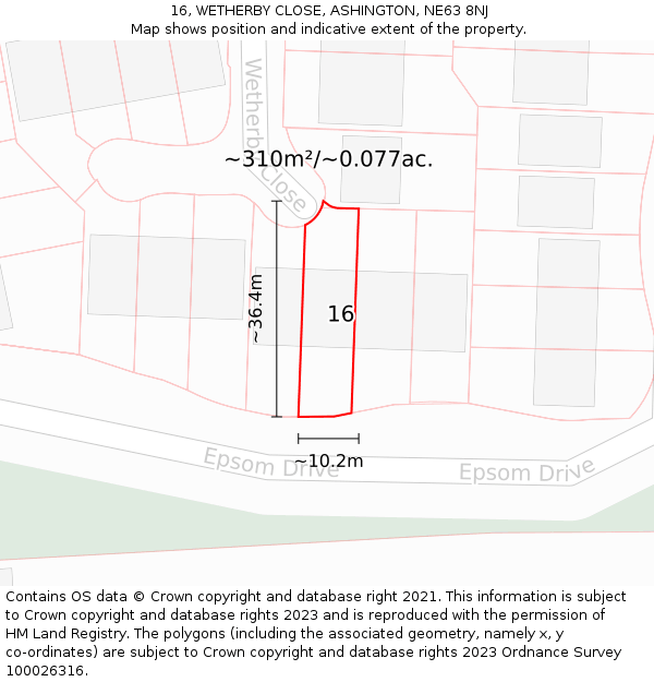16, WETHERBY CLOSE, ASHINGTON, NE63 8NJ: Plot and title map