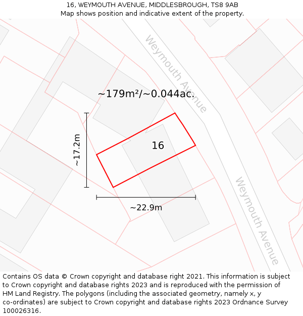 16, WEYMOUTH AVENUE, MIDDLESBROUGH, TS8 9AB: Plot and title map