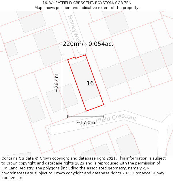 16, WHEATFIELD CRESCENT, ROYSTON, SG8 7EN: Plot and title map