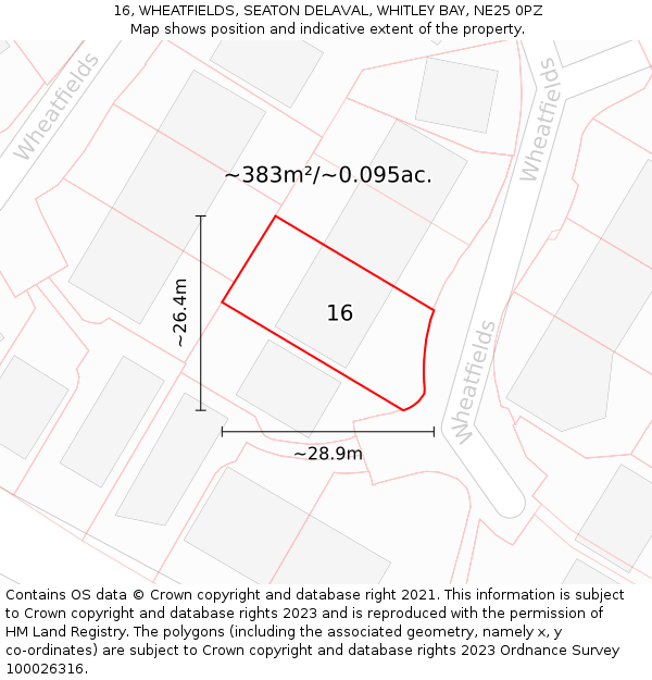 16, WHEATFIELDS, SEATON DELAVAL, WHITLEY BAY, NE25 0PZ: Plot and title map