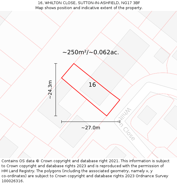 16, WHILTON CLOSE, SUTTON-IN-ASHFIELD, NG17 3BF: Plot and title map