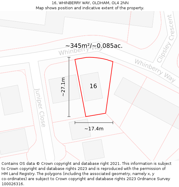 16, WHINBERRY WAY, OLDHAM, OL4 2NN: Plot and title map