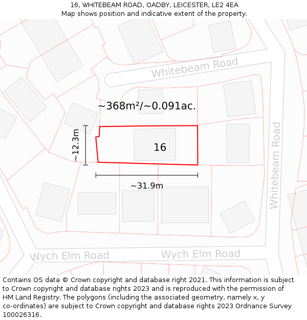 16, WHITEBEAM ROAD, OADBY, LEICESTER, LE2 4EA: Plot and title map