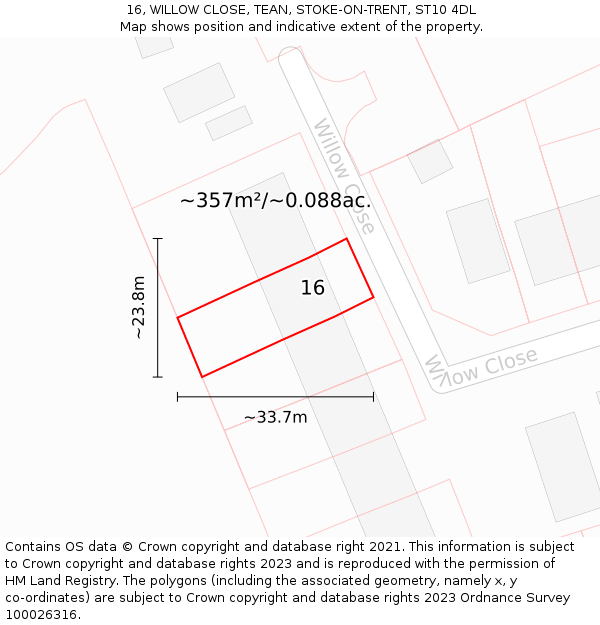 16, WILLOW CLOSE, TEAN, STOKE-ON-TRENT, ST10 4DL: Plot and title map