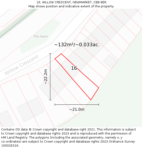 16, WILLOW CRESCENT, NEWMARKET, CB8 8ER: Plot and title map